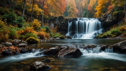 River waterfall in an autumn forest with mountains.