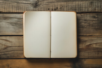 Blank notebook open page on vintage wooden table