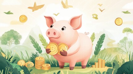 Obraz premium A cute pink pig holding two golden bitcoin coins in its paws, standing in a lush green field with stacks of gold coins.