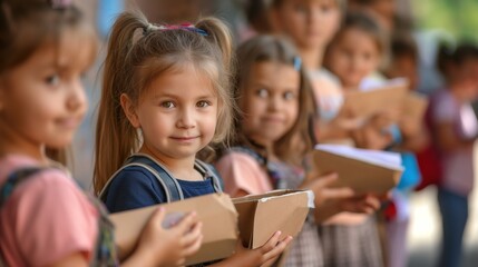 Fototapeta premium Migrant children receiving school supplies from volunteers, expressions of joy and gratitude, sense of educational support and inclusion, outdoor setting with backpacks and notebooks