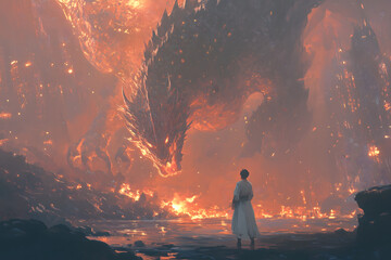 Fiery Dragon and Woman in a Post Apocalyptic Landscape