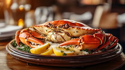A whole crab served on a large ceramic platter with lemon slices and garlic butter, set against a dimly lit seafood restaurant backdrop