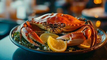 A whole crab served on a large ceramic platter with lemon slices and garlic butter, set against a dimly lit seafood restaurant backdrop