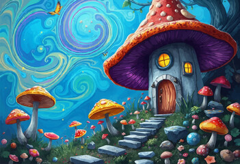 Mushroom Cottage Fantasy. A vibrant illustration of a whimsical mushroom house, ideal for storybook themes and enchanting designs. vibrant swirling colors in the background brush texture digital paint