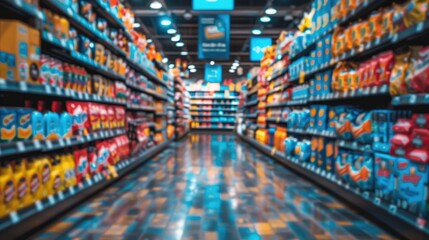 Well-organized endcap display in a grocery store aisle showcasing various products