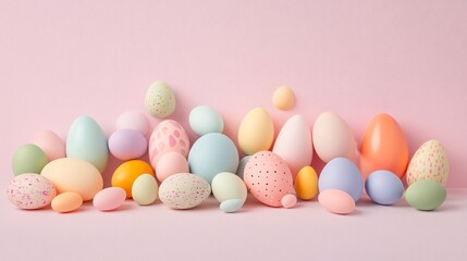 A beautifully arranged Easter egg display featuring various pastel colors on a light solid color background