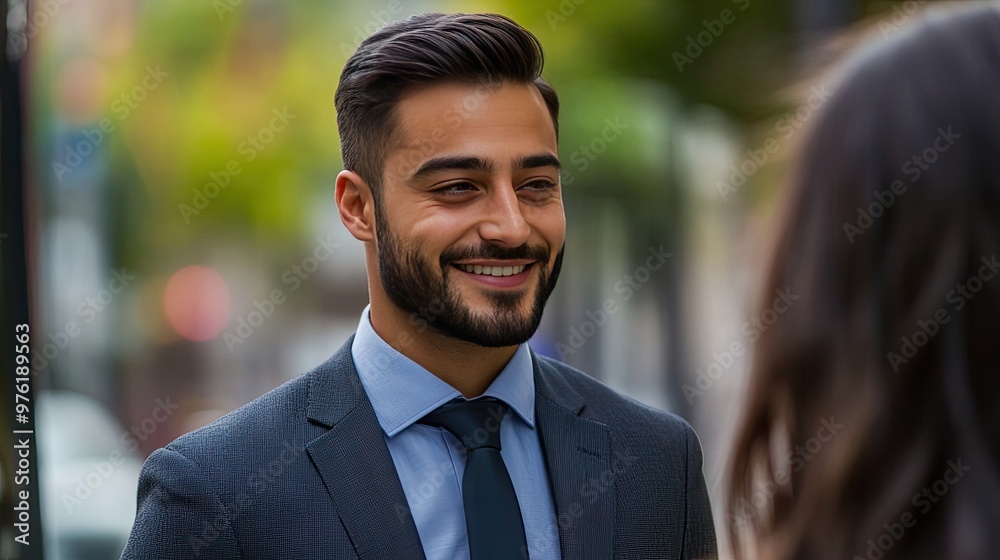 Wall mural a business professional in a suit standing and smiling while talking to a customer, showcasing frien