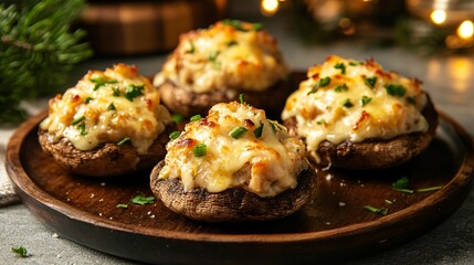 Crab-stuffed mushrooms with melted cheese, presented on a rustic platter with a cozy family kitchen in the background