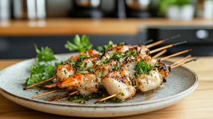 Grilled crab skewers with fresh herbs and garlic, presented on a minimalist ceramic plate with a modern, industrial-style kitchen in the background