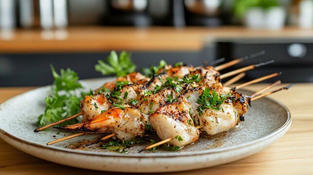 Grilled crab skewers with fresh herbs and garlic, presented on a minimalist ceramic plate with a modern, industrial-style kitchen in the background