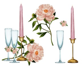 Watercolor composition, wedding champagne glasses, candle in a candlestick, pink, beige peony On a white background. For wedding design 