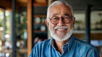 Fototapeta premium An elderly man wearing glasses and a denim shirt smiles happily in a bright indoor space