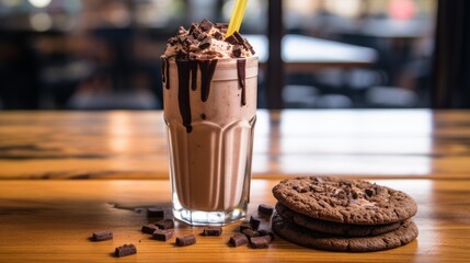 Chocolate protein drink in glass for nutrients and energy. Neural network ai generated art