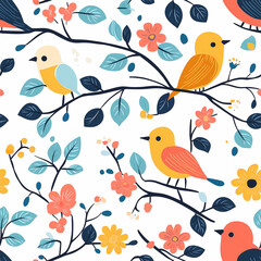Fototapeta premium Watercolor Illustration of Birds and Flowers Pattern
