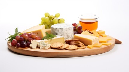 Wooden board with tasty cheese on white background. Neural network ai generated art