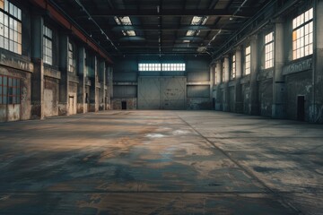 Obraz premium An expansive industrial warehouse features a concrete floor and extensive sunlight pouring through large windows. The space appears unused and unrenovated, reflecting its history.