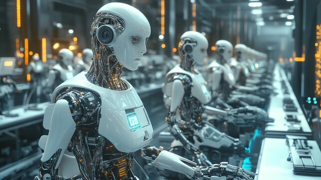 Futuristic robots working in a high tech factory.