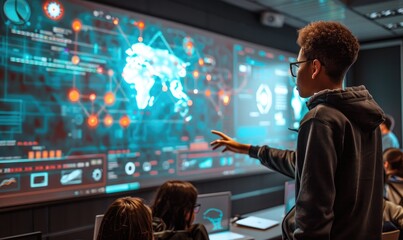 Group of people analyze complex data on futuristic screens in a high-tech environment, showcasing teamwork and technology advancements in a professional setting