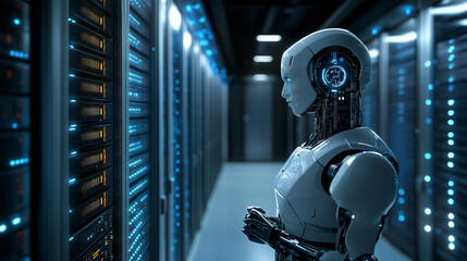 Futuristic robot monitors server lights in a high-tech server farm, showcasing innovation and automation in modern computing