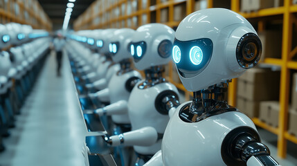Robots lined up on a warehouse conveyor belt, possibly performing sorting, packaging, or quality control tasks