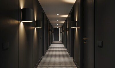 A serene hotel corridor featuring elegant, modern wall lights casting soft illumination on dark walls and carpeted floor, creating a calm, luxurious atmosphere suitable for relaxation
