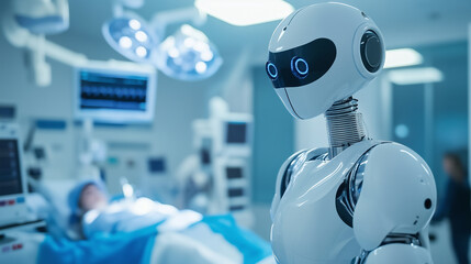 Medical robot is standing in a surgery room, assisting a medical team operating a patient lying on a bed