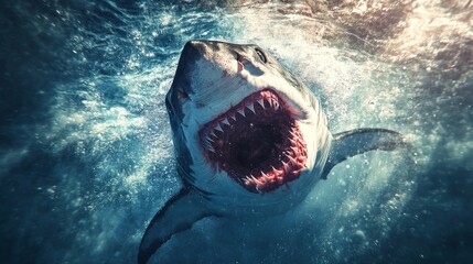 Great white shark emerging from the ocean depths, dynamic action shot. Wildlife and marine life concept