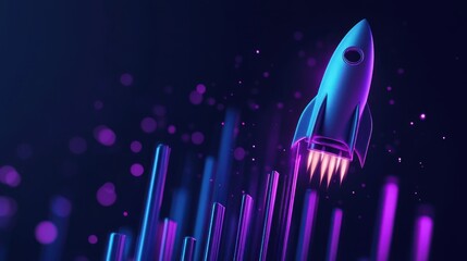 A rocket is flying through a purple and blue sky