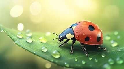 Fototapeta premium A ladybug on a green leaf with dew drops.