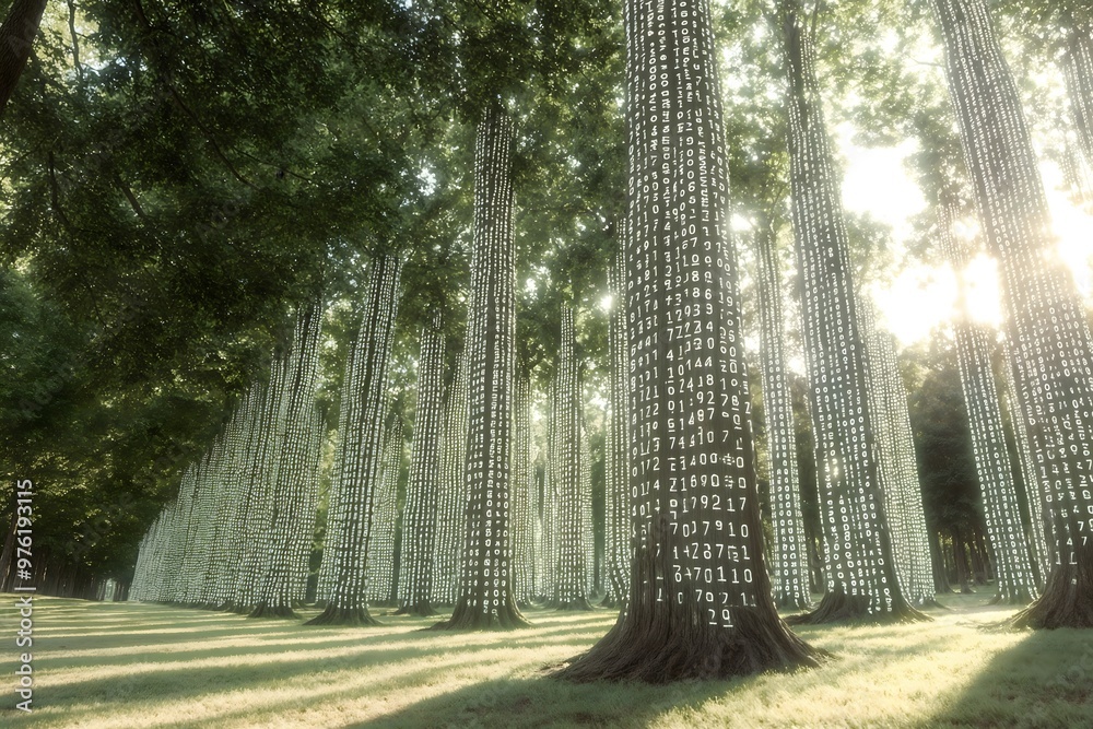 Poster digital data forest: a fusion of nature and binary code in a futuristic landscape