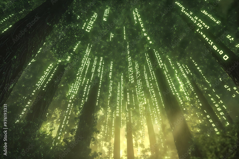 Poster matrix forest of binary code: a glowing digital landscape of data driven trees