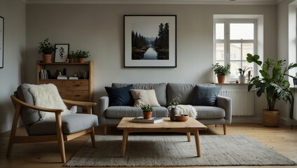Scandinavian living room featuring a cozy sofa, wooden accents, and plants.