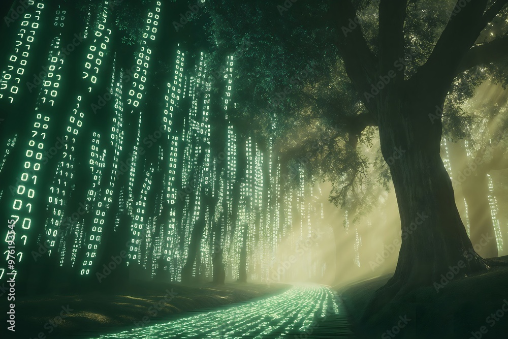 Poster a journey through the digital forest: nature merged with virtual reality. binary code, matrix, scien