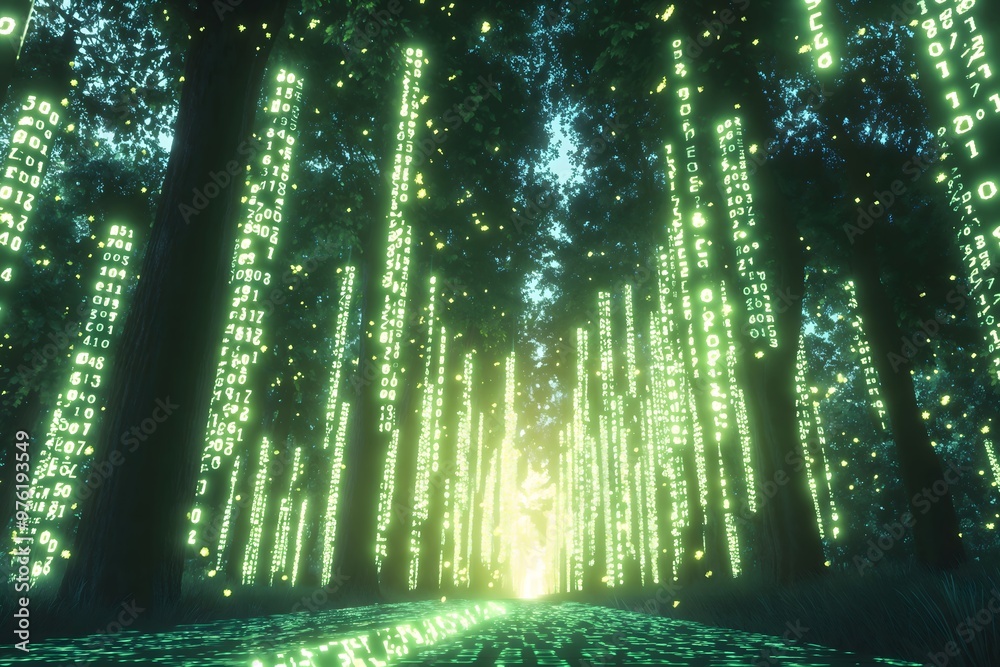 Poster matrix forest of binary code: a glowing digital landscape of data driven trees