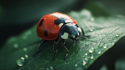 Fototapeta premium A close up photo of a ladybug perched on a green leaf with water droplets.