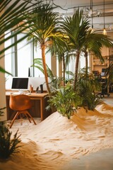 Workspace in office with oasis and urban jungle in the center, featuring palm trees, sand, and desk with laptop, concept of creative work environment and relaxation.