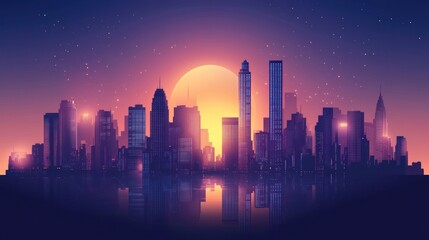 Fototapeta premium Cityscape with Sunset and Stars