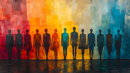 Silhouettes of diverse figures against a colorful backdrop, representing unity and individuality in artistic expression.
