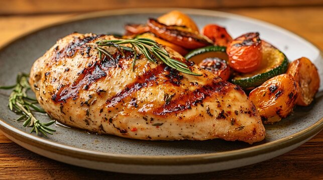 Grilled chicken breast with rosemary and grilled vegetables.