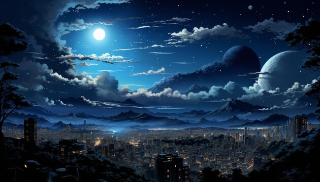 A vibrant illustration of a blue moon seen from a bustling city rooftop