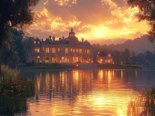 Majestic mansion at sunset by a tranquil lake surrounded by lush trees and golden reflections