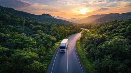 Obraz premium Truck on Winding Road Through Lush Green Mountains at Sunset