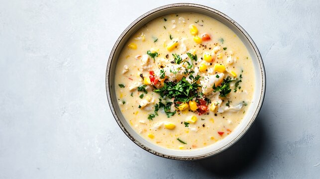 A bowl of crab and corn chowder, isolated on a light grey background with delicate shadows to emphasize the food's texture
