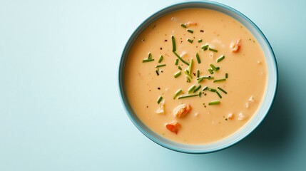 A bowl of creamy crab bisque garnished with chives, placed on a flat light blue background for a contemporary aesthetic