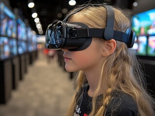 Naklejka premium Young girl immersed in virtual reality at modern exhibition space