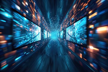 A futuristic tunnel with neon lights and a blue background