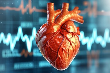 Naklejka premium Realistic anatomical heart with veins and pulse lines set in a medical data environment symbolizing cardiology research heart health monitoring and cardiovascular diagnostics