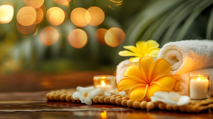 Soft towels are neatly arranged with vibrant yellow flowers and glowing candles, creating a tranquil spa ambiance perfect for relaxation and self-care