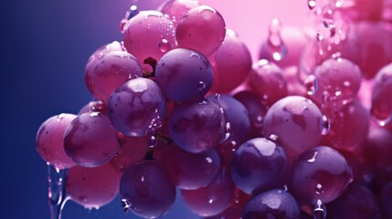 Vine grapes in purple color drown in water on dark background. Neural network ai generated art