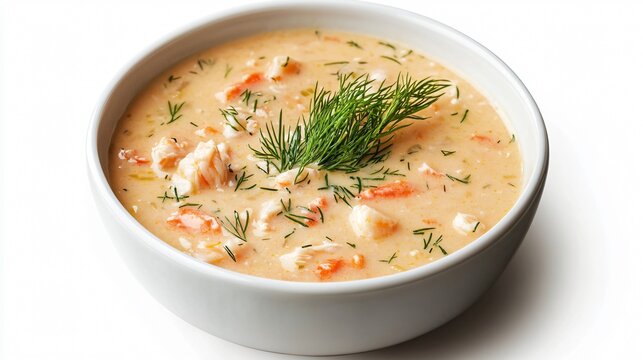 A rich crab chowder garnished with dill, isolated on a matte white background with delicate shadows for a clean, modern look